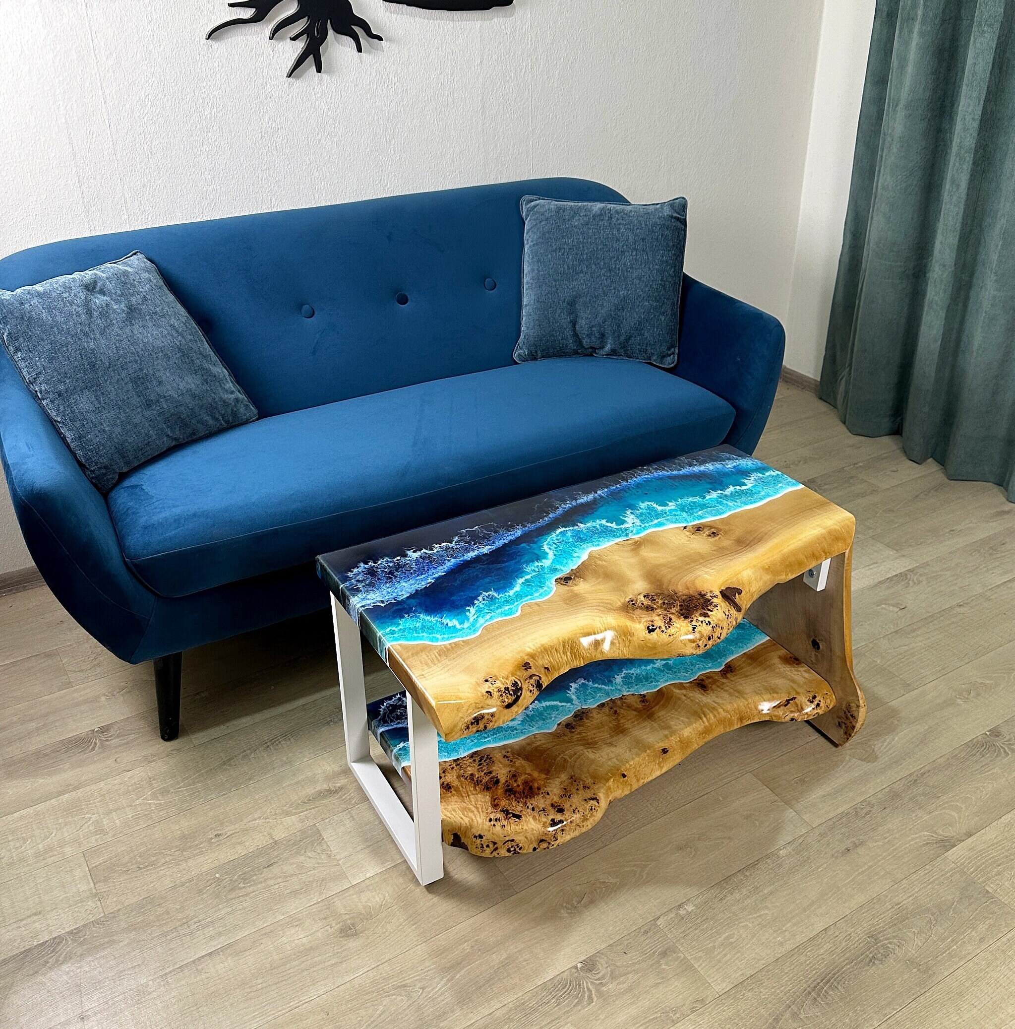 Ocean Wave Epoxy Resin Coffee Table With Shelf, Custom Made Wooden ...