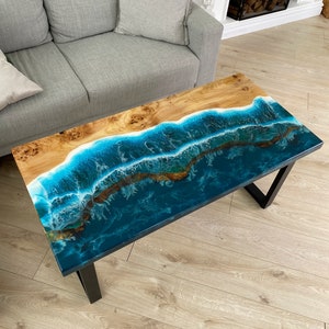 Ocean Wave Epoxy Side Table, Custom Dining Table, Resin Coffee Table, Live Edge Desk, Epoxy Resin Table, End Table, Living Room Furniture