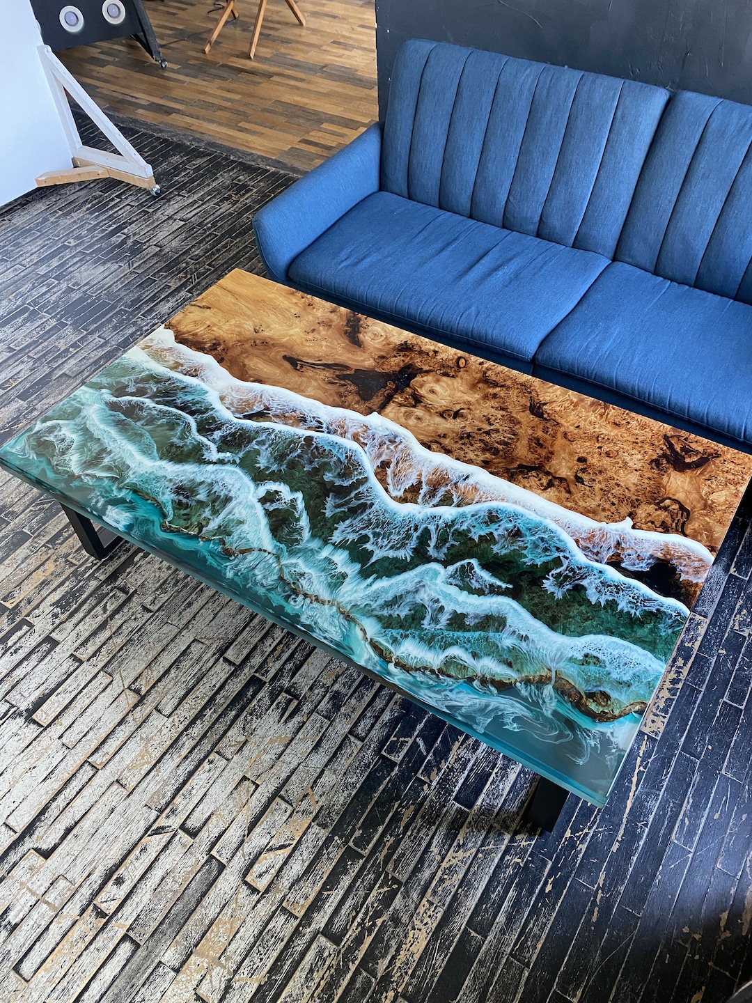 Custom Ocean Wave Epoxy Resin Table, Handmade Natural Wood Dining or ...
