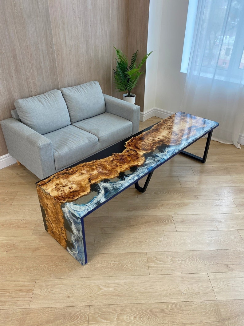Long Epoxy Waterfall Coffee Table, Custom Size Oak Resin Coffee Table ...