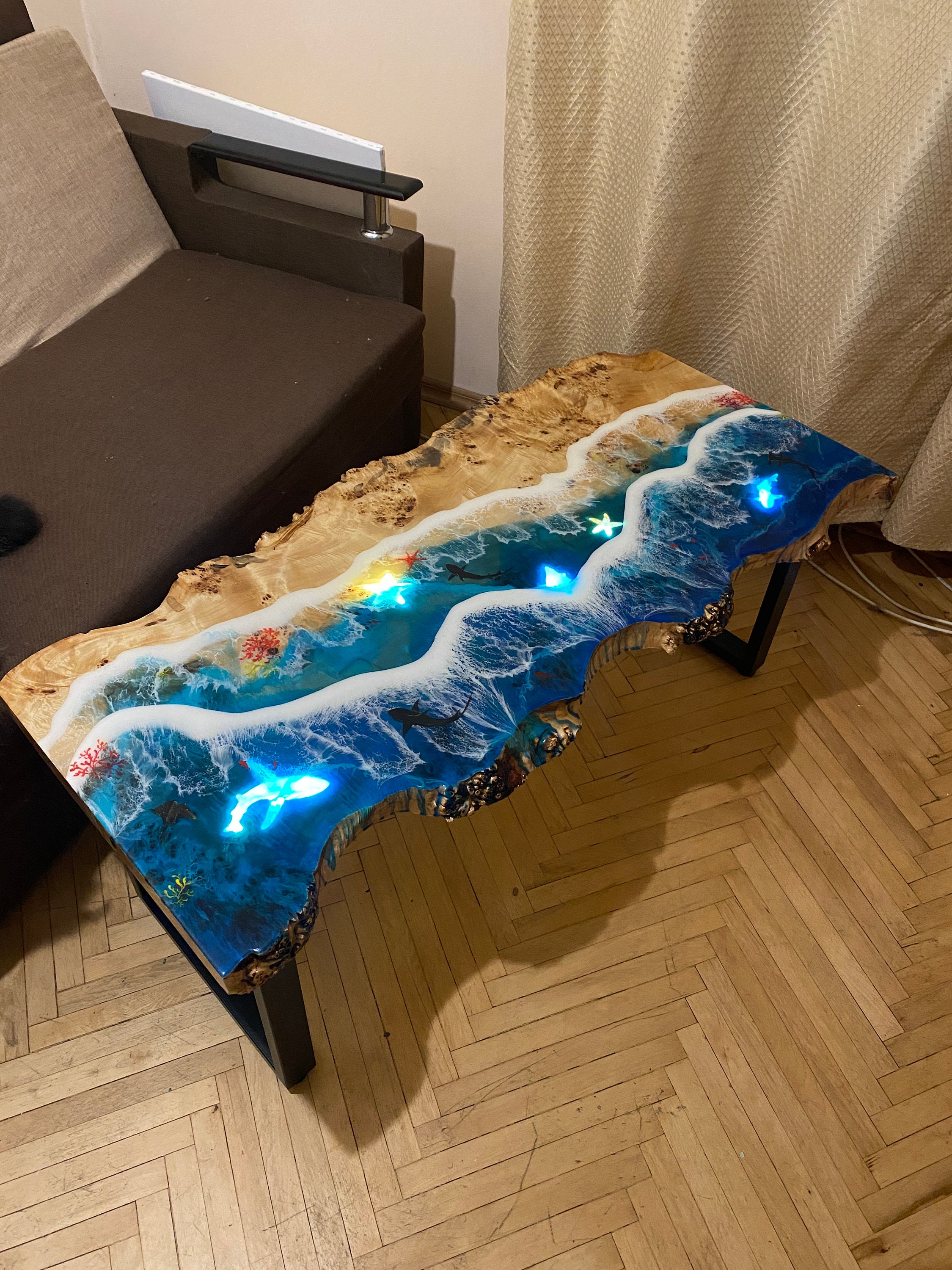 Epoxy Resin Table With Light, Epoxy Resin Art Table With Glowing Sharks,  Ocean Wave Table, Custom Order Epoxy Resin Table, Dining Table 
