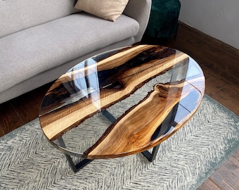 Oval Epoxy Coffee Table, Ultra Clear Resin Live Edge Wood Table, Handmade Living Room Furniture, Custom Modern Statement Table