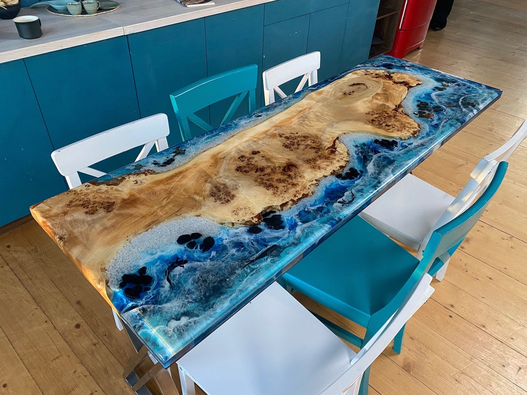 Epoxy Dining Table Ocean, Nautical Style Wood Dining Table, Blue Resin ...