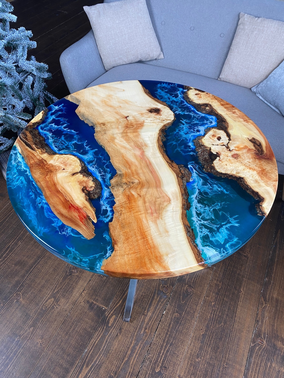 Table à manger époxy, Table basse ronde époxy River, Décoration d