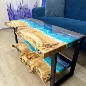 Live Edge Burl populieren consoletafel, oceaan epoxyhars rivier, nautisch entreemeubilair