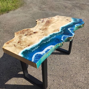 Custom Ocean Epoxy Coffee Table, Live Edge Wave Table for Living Room