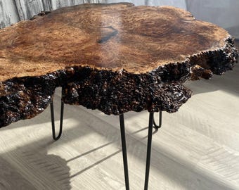 Live Edge Walnut Burl Coffee Table, Natural Wood Slab Accent Table
