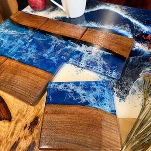Blue Epoxy Resin Coaster Set of 2/3/4/6/8/10, Epoxy Live Edge Coasters, Risen Wood Coaster, Tea Coasters, Coffee Table Decor, Coastal Decor