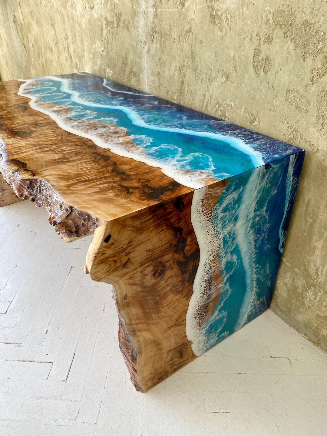 Live edge epoxy resin river dining table with led lighting and
