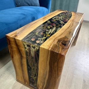 Dried Flower Epoxy Table, Wildflower Epoxy Resin Art Desk, Live Edge Waterfall Table, Floral Coffee Table, Custom Epoxy Floral Table