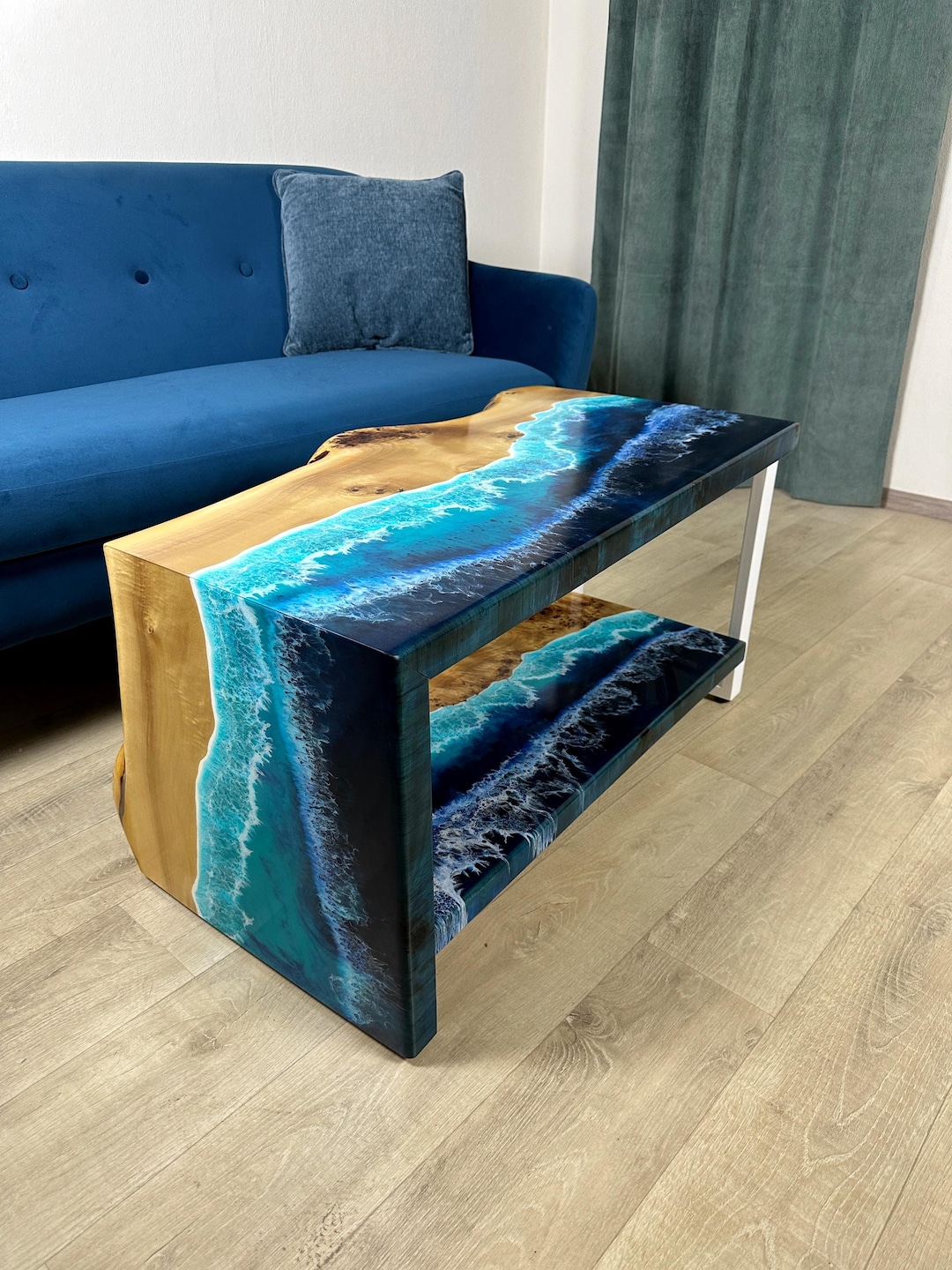Ocean Wave Epoxy Resin Coffee Table With Shelf, Custom Made Wooden ...