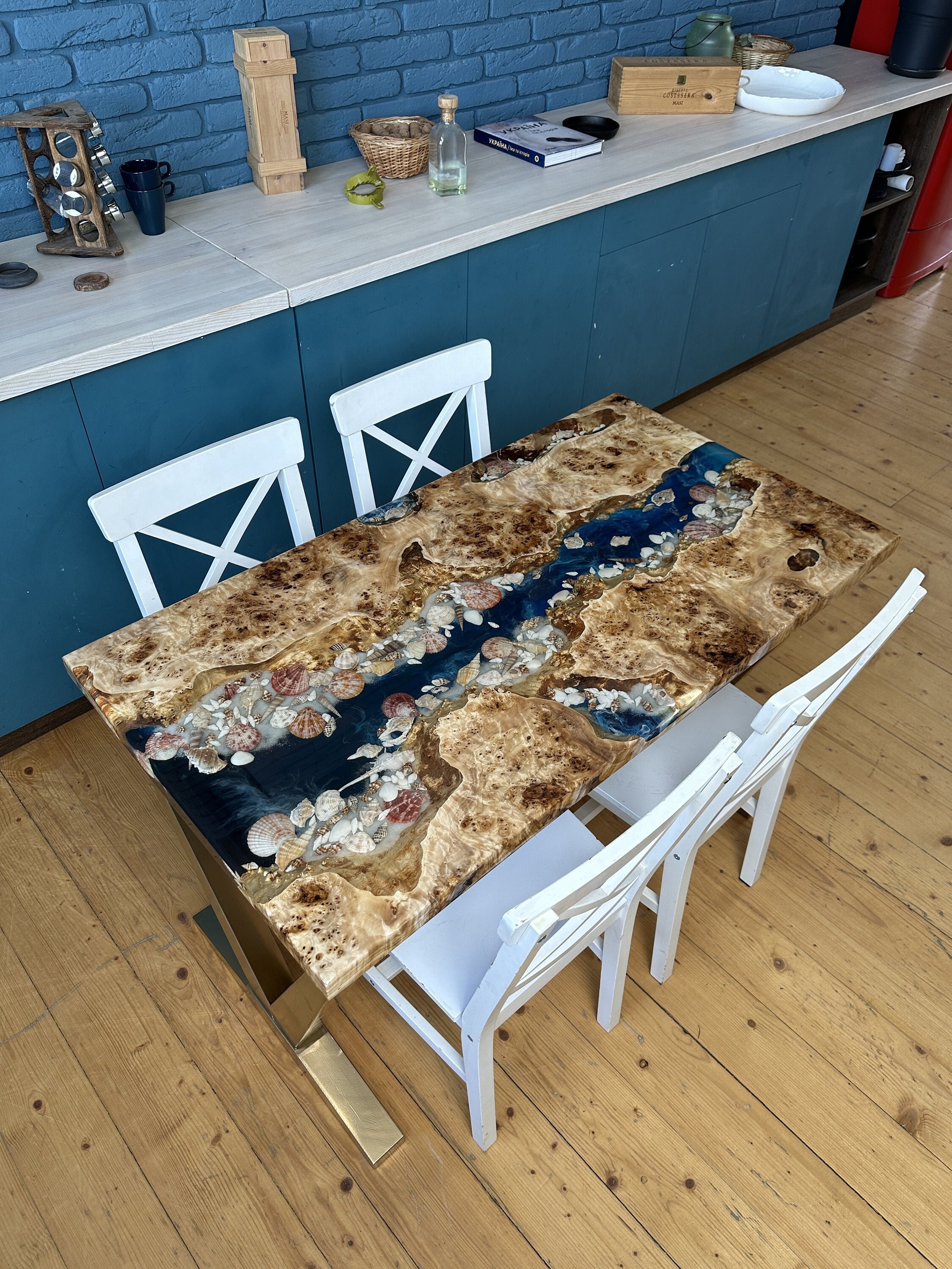 Custom Ocean Epoxy Dining Table With Shells, Live Edge Wood River