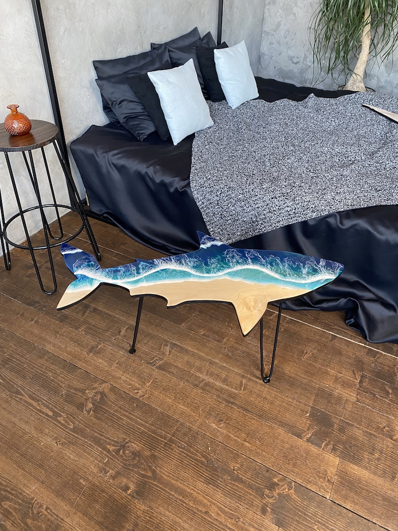 Shark Shape Table, Ocean Epoxy Resin Table, Fish Table, Blue Ocean Art, Wave Epoxy Table