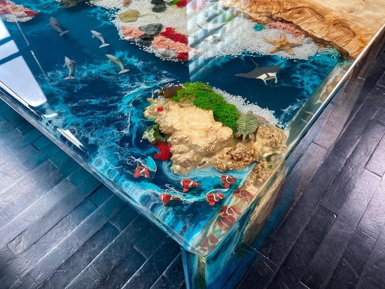 Coastal Table With Decorative Fish, Ocean Coffee Table With Reef Design ...