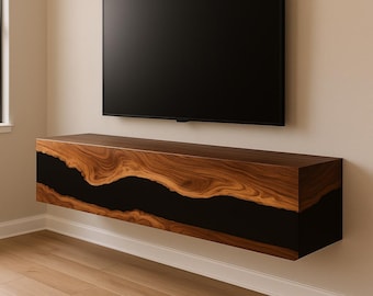 Made in USA Epoxy Floating TV Console, Wall Mounted Media Shelf, Modern Minimalist Entertainment Center, Custom Wood & Resin TV Stand