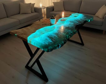 Ocean Wave Epoxy Resin Table, Glowing Wood Coffee Table, Custom Dining River Table For Kitchen, Handmade Resin Furniture For Housewarming