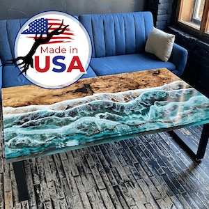 Live Edge Desk with Epoxy Ocean, Blue Resin Art Table, Wooden Coffee Table, Custom Size, Modern Dining Table, Coastal Furniture, Epoxy Table