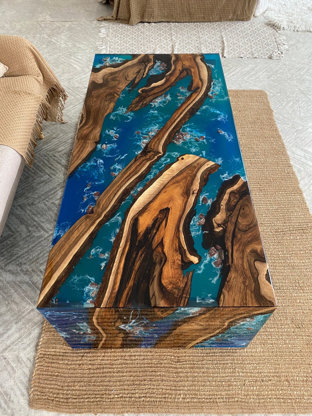 Blue Epoxy Table Top and Leg, Metal Loft Leg, Waterfall Ocean Wave