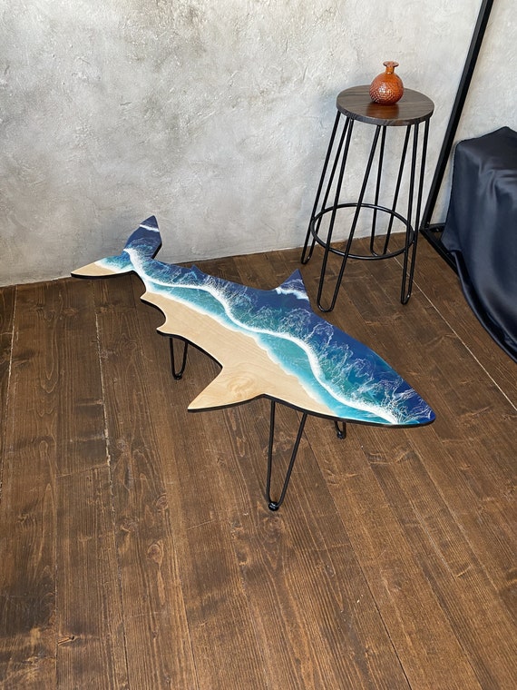 Shark Epoxy Coffee Table, Ocean Wave Walnut Table, Beach House Decor