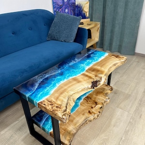 Wood Table with Shelf, Live Edge Waterfall Dining Table with Shelf, Modern Wood Table, Handmade Wood Table with Shelf, Epoxy Resin Table