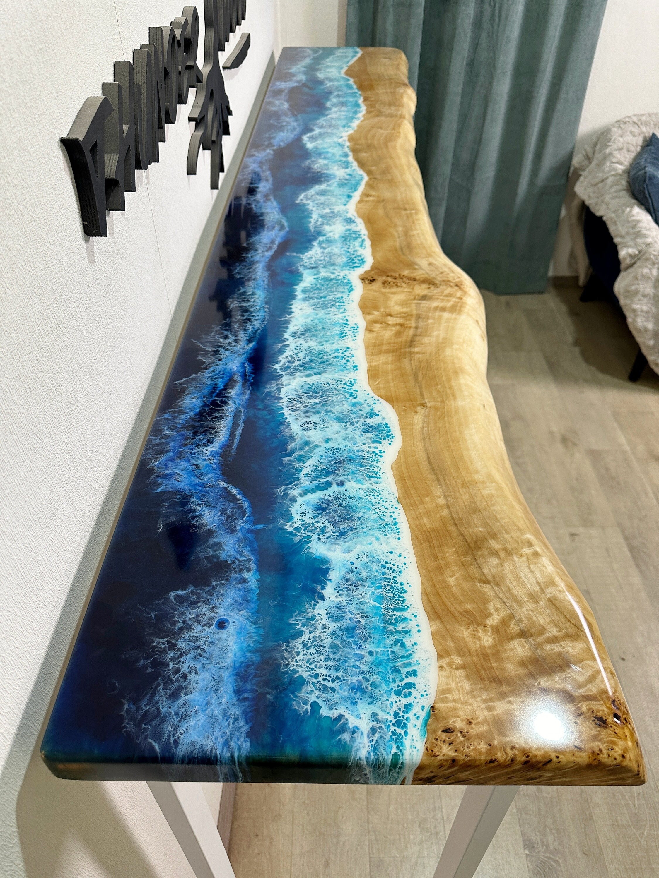 Ocean Wave Console Table, Epoxy Resin Coastal Table, Live Edge