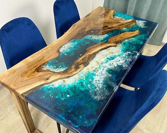 Epoxy Resin Table with Ocean, Custom Order Table, Epoxy Live Edge Table, Resin Wood Dining Table Top, Conference Table, Slab Wood Desk