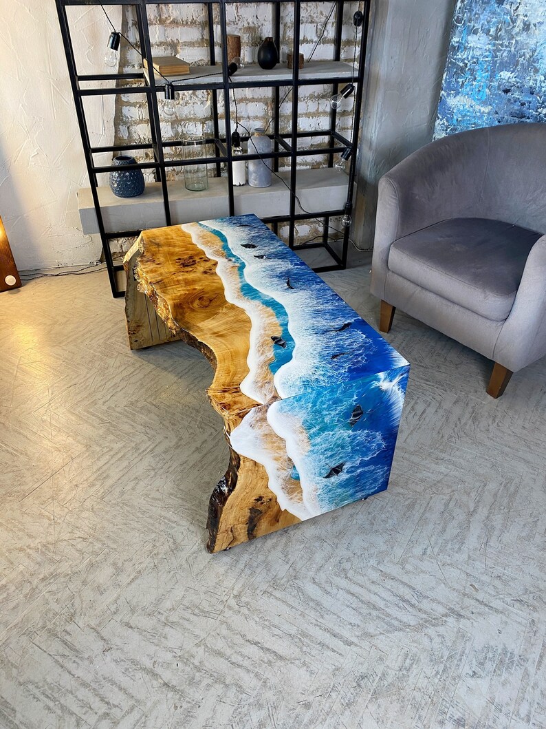 Live Edge Wood Desk With Ocean Epoxy Resin, Coastal Statement Table for ...