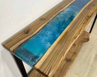 Mesa consola de resina epoxi con borde natural, estilo río, muebles modernos personalizados para recibidor.