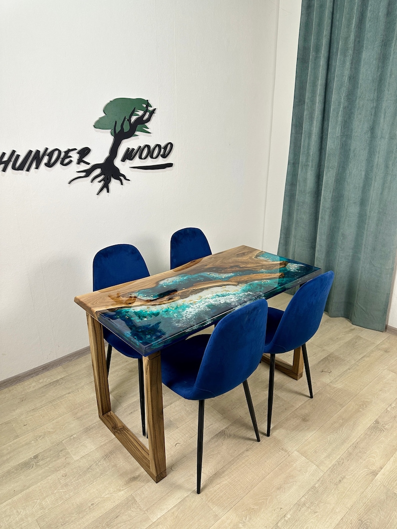 Ocean Epoxy Dining Table, Live Edge Wood Table, Coastal Resin Table ...