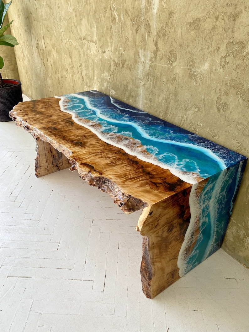 Ocean Wave Table, Waterfall Live Edge Dining Table, Reclaimed Wood Table, Farmhouse Dining Table, Ocean Table, Entryway Table image 2