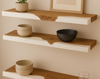 Estante flotante de cocina de epoxi, especiero de borde natural, estante de almacenamiento de pared, estantes flotantes de cocina rústica, estante de epoxi de madera