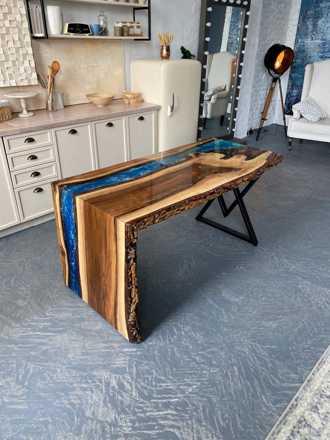 Custom Live Edge Epoxy Console Table, Waterfall Resin Entryway Table ...