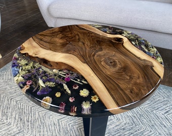 Handmade Walnut Coffee Table with Pressed Flowers, Epoxy Resin Art Furniture