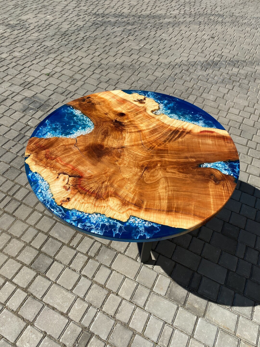 Live Edge Round Epoxy River Table, Floating Epoxy Table, Wooden Round