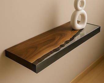 Oak Wood and Clear Epoxy Wall Shelf, Modern Minimalist Design