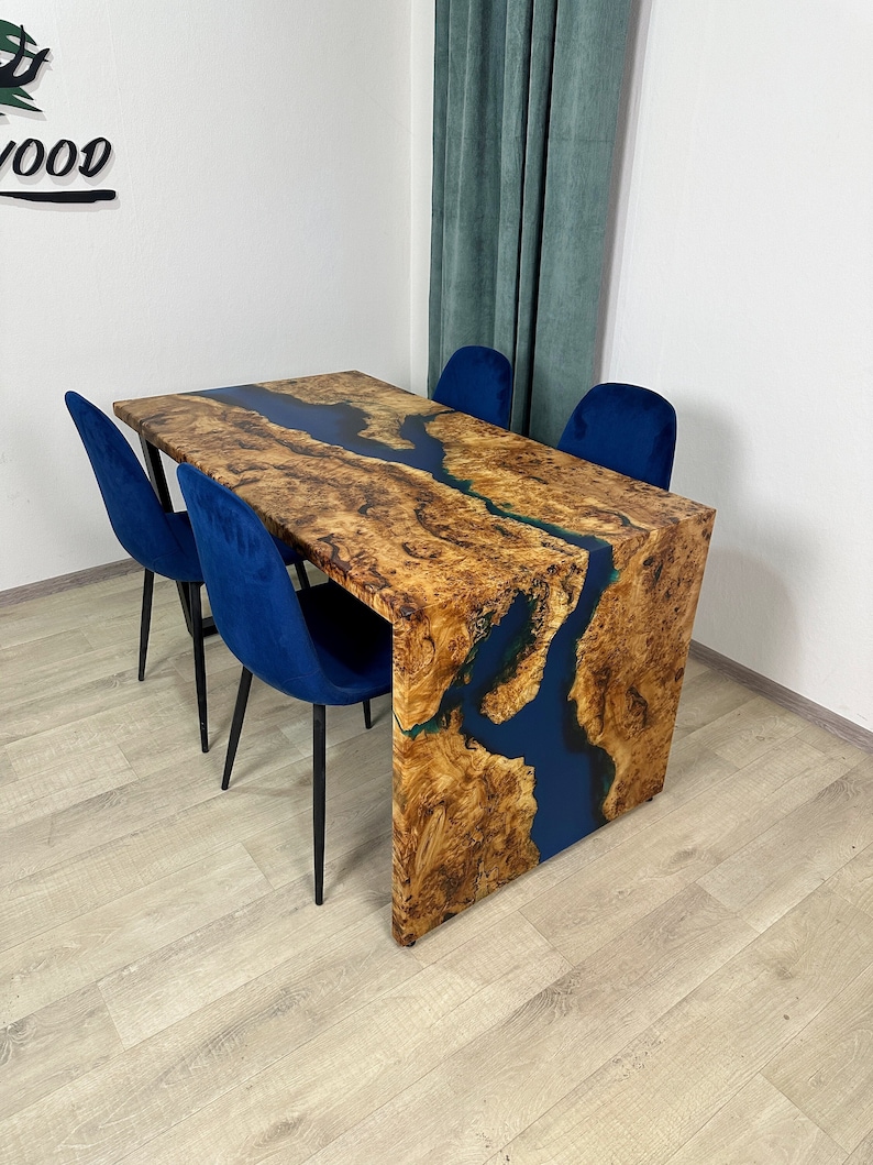 Blue Epoxy Live Edge Desk, Wood Epoxy Waterfall River Table, Modern Office Furniture, Burl Poplar Coffee Table, Dining Kitchen Table