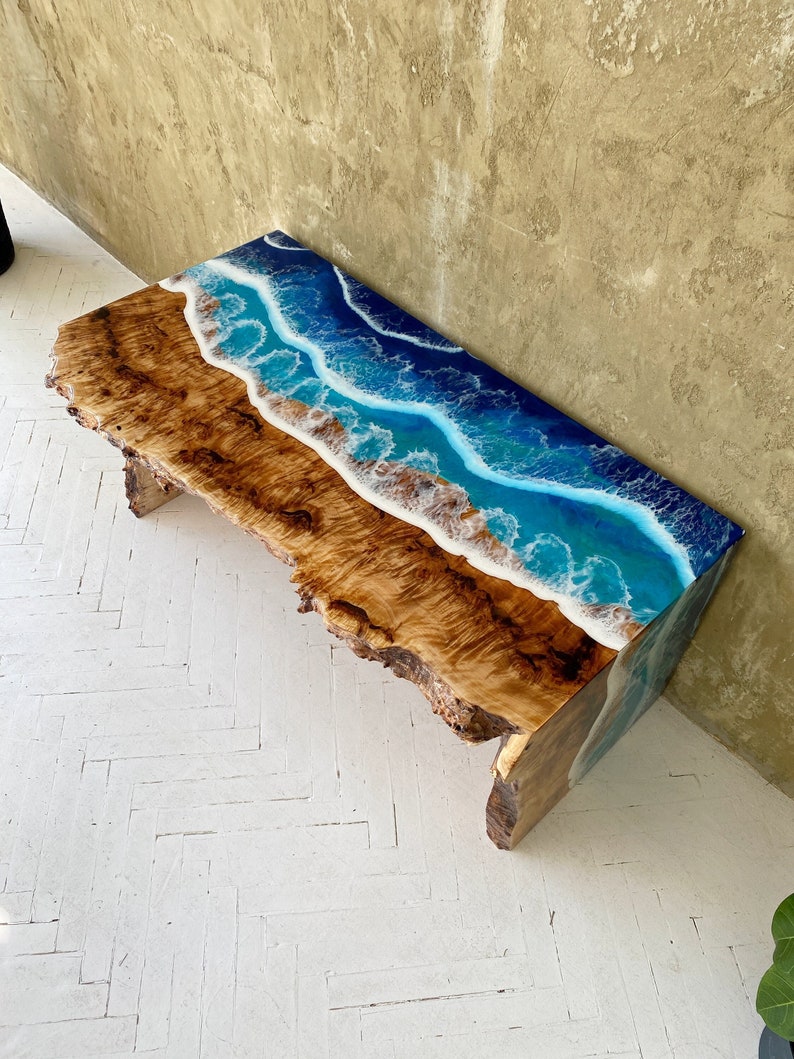 Ocean wave resin table, Beach table, Customized decor, Wooden table, Blue epoxy table, Housewarming gift, Sofa table, Wooden furniture