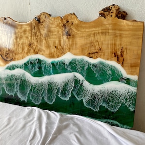 Custom made epoxy resin and wood Headboard, Live Edge Wooden Headboard, King Bed Headboard, Beach Cottage, Bedroom Decoration, Resin Art image 4