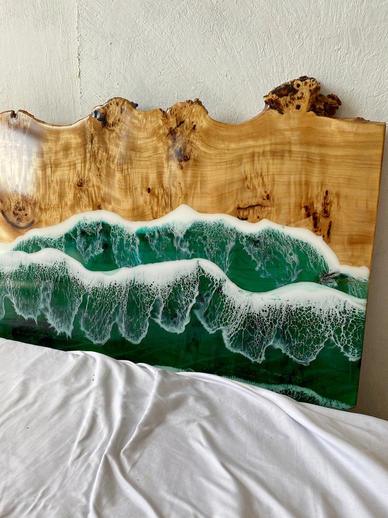 Custom made epoxy resin and wood Headboard, Live Edge Wooden Headboard, King Bed Headboard, Beach Cottage, Bedroom Decoration, Resin Art image 4