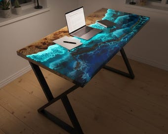 Unique Modern Epoxy Live Edge Desk Glow in Dark, Crafted in the USA