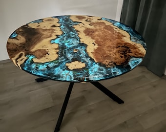 Mesa de resina epoxi personalizada, mesa de comedor redonda, mesa de resina oscura, mesa de centro azul, mesa de epoxi de mar hecha a pedido, mesa personalizada