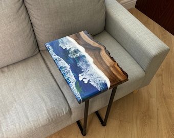 C-Shaped Live Edge Wood Resin Ocean Table, Sofa End Table, Modern Home Furniture