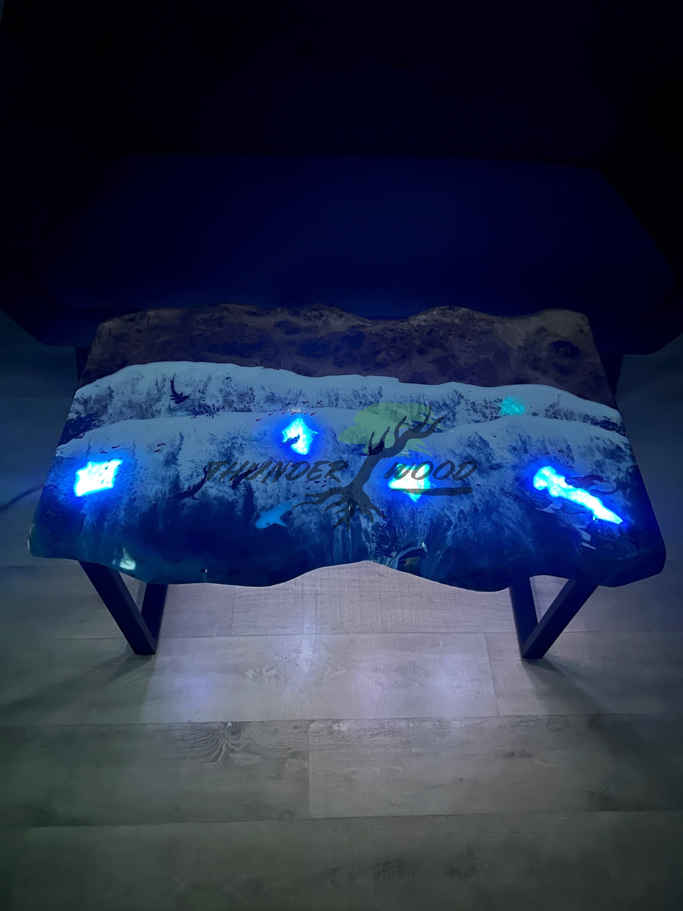 Glow in the Dark Ocean Table, Live Edge Table with 3D Fish, Poplar Wooden Table, Ocean Wave Table, Blue Epoxy Table, Resin Coffee Table