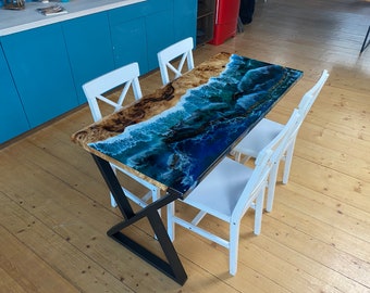 Ocean Epoxy River Dining Table, Fluorescent Wood Resin Table, Handmade Custom Epoxy Table, Blue Resin Dining Table, Modern Table for Home