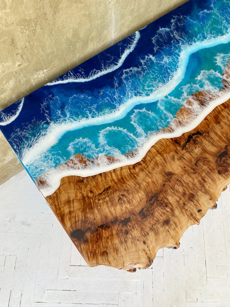 Ocean wave resin table, Beach table, Customized decor, Wooden table, Blue epoxy table, Housewarming gift, Sofa table, Wooden furniture