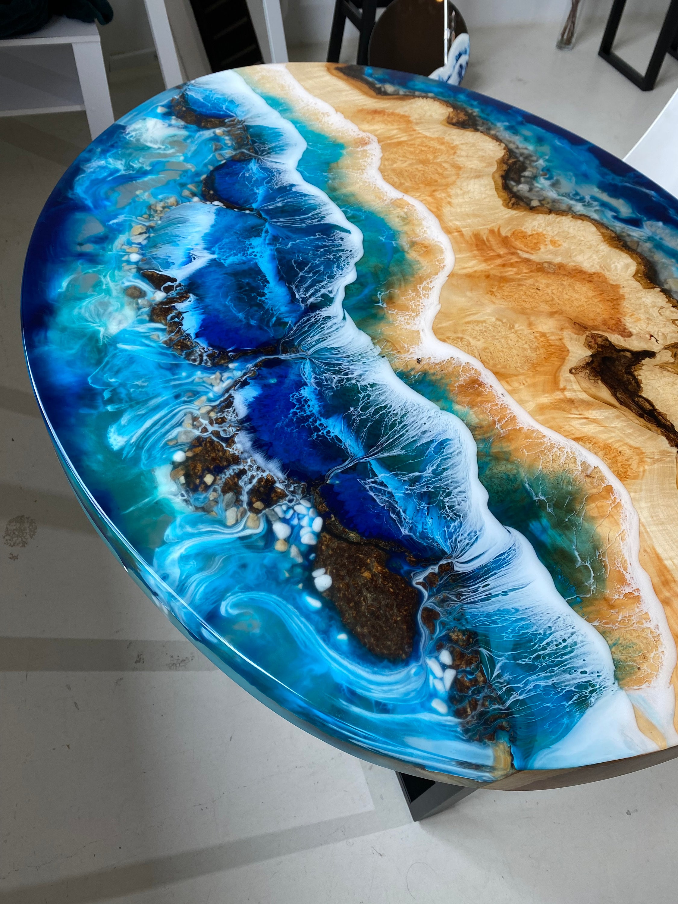 Ocean Epoxy Coffee Table, Custom Oval Coastal Style Resin Table, Blue ...