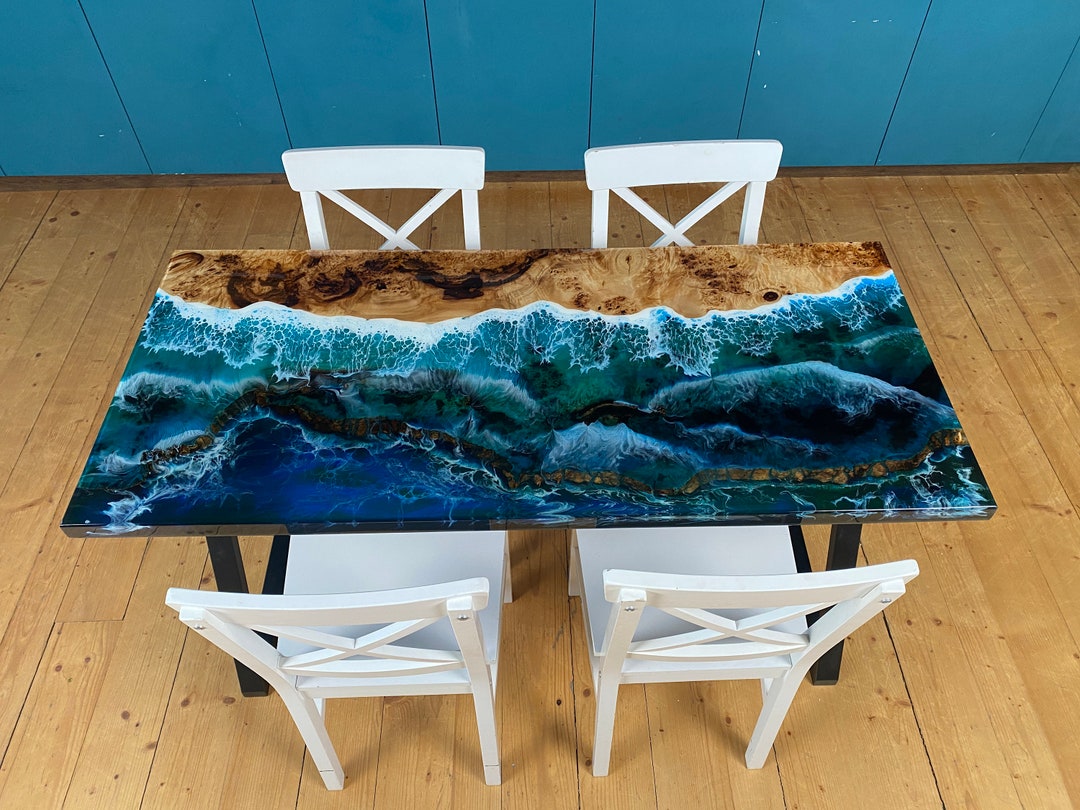 Ocean Wave Epoxy Dining Table, Designer Live Edge Wood Table, Custom ...