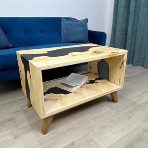 Maple Wood Console Table with Black Resin River, Loft Furniture