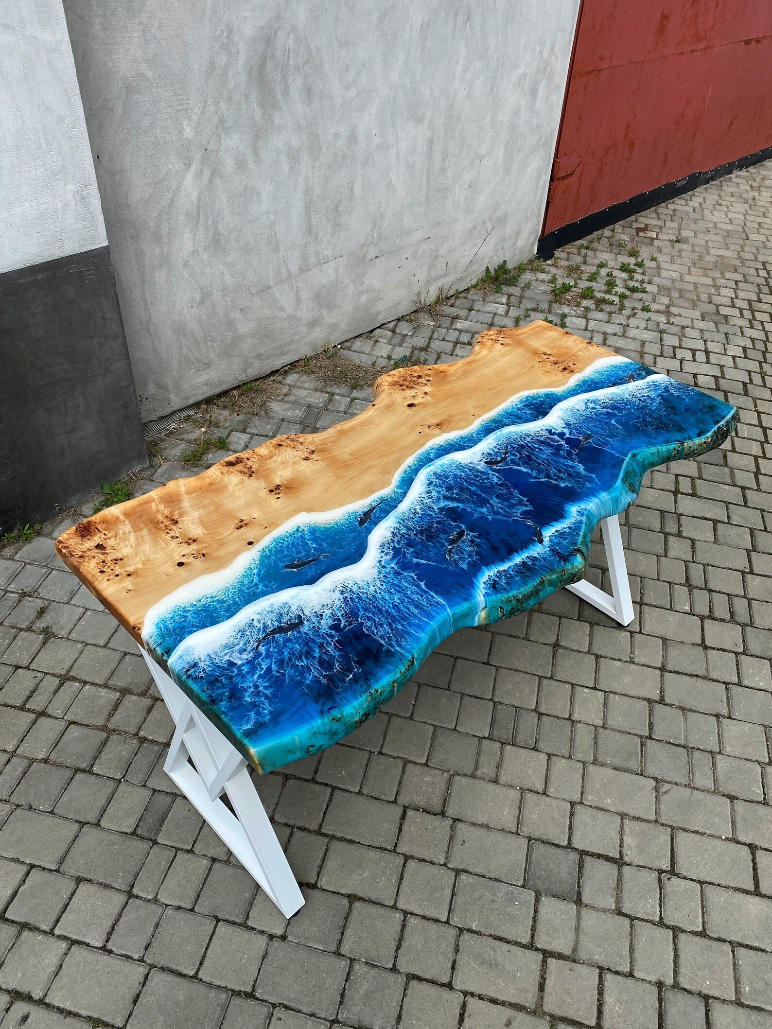 Custom Ocean Epoxy Dining Table, Live Edge Coastal Table, Blue Resin ...