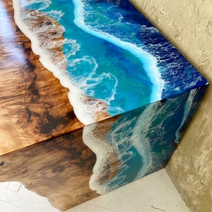 Ocean wave resin table, Beach table, Customized decor, Wooden table, Blue epoxy table, Housewarming gift, Sofa table, Wooden furniture